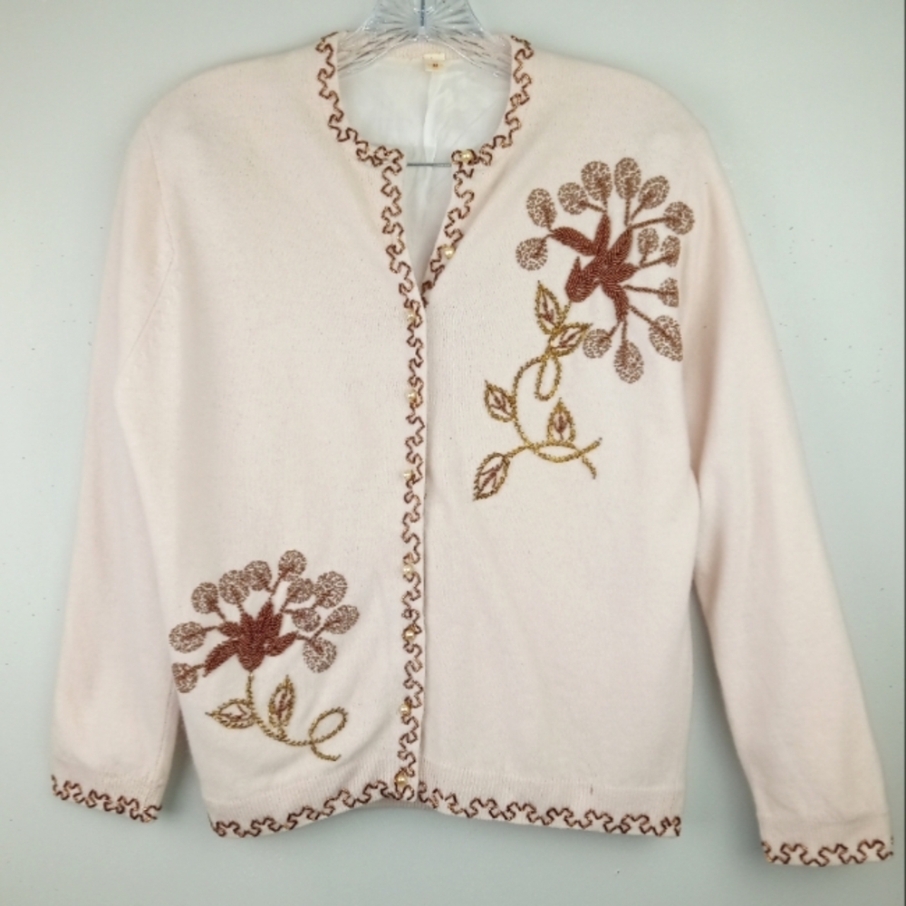 Vintage 1950's Lambswool and Angora Beaded Button Down Cardigan in Cream Sz. 42